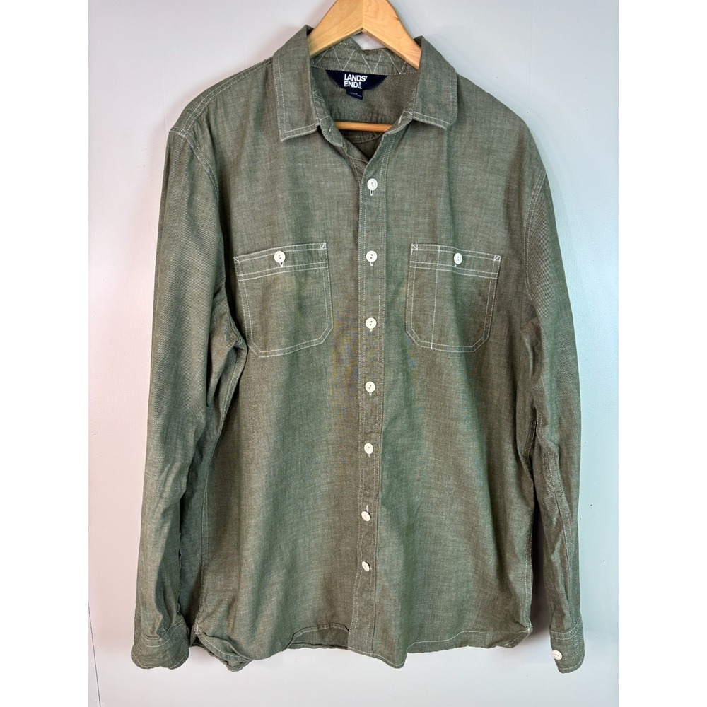 Lands'‎ End Shirt Large Tall LT Green Cotton Pocket Button-Up Men's